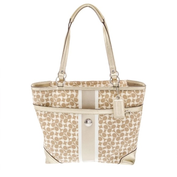 EUC - Coach Chelsea Heritage Signature Tote Bag in a gold and white color scheme